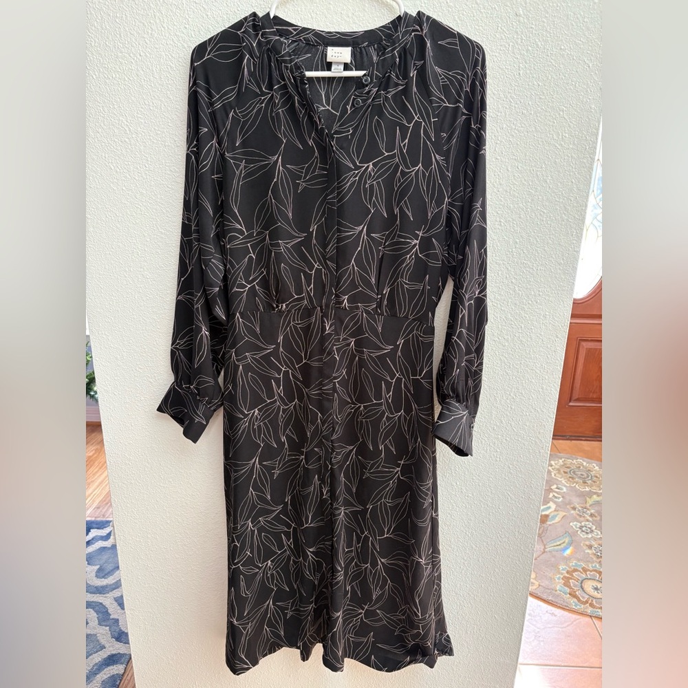 a new day Black Long Sleeve Leaf Dress, Midi, Long Sleeve, Small